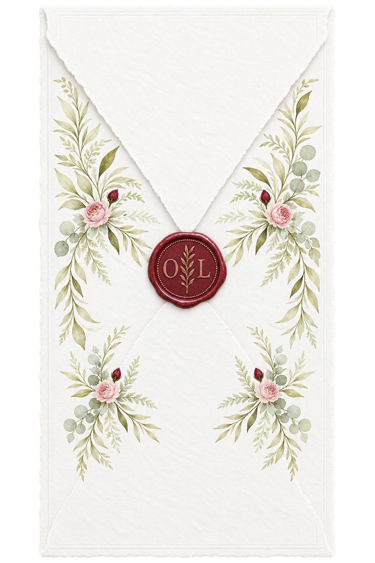 Sealed wedding envelope with an O and L wax seal